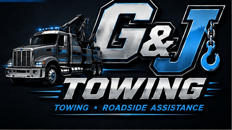 G&J Towing logo with tow truck, blue hook and chrome lettering